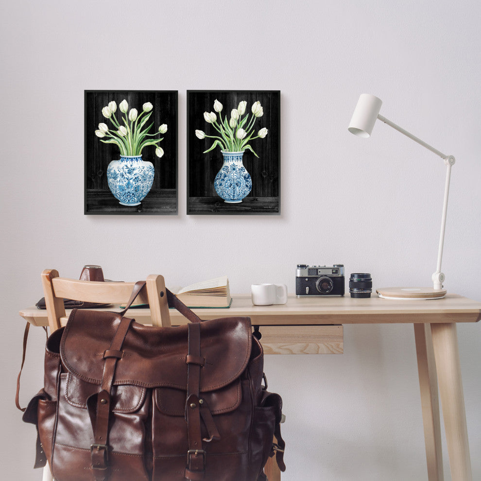 White Tulips Chinese Ceramic Urn Patterned Porcelain, 2pc, each 11 x 14