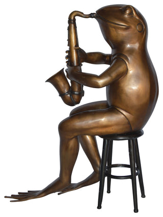 Frog playing saxophone bronze statue - Size: 23"L x 15"W x 30"H.
