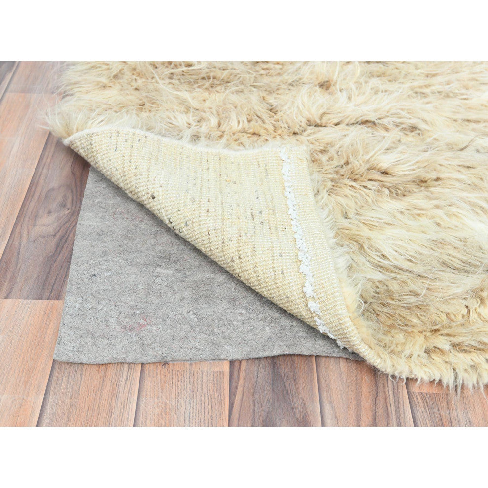 Beige Undyed Natural Wool Hand Knotted Shaggy Moroccan Runner Rug, 2'6"x10'0"