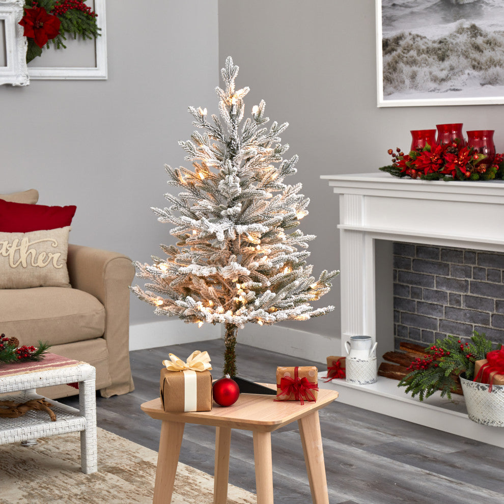 3' Flocked Fraser Fir Faux Xmas Tree W/200 White Lights & 481 Bendable Branches