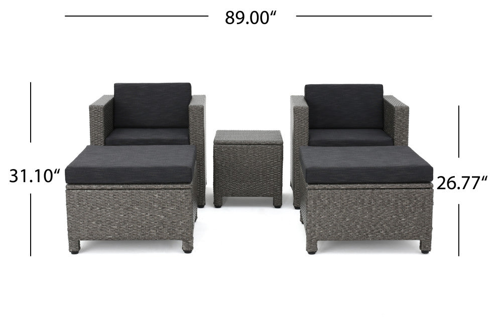 GDF Studio 5-Piece Venice Outdoor Wicker Chat Set With Water Resistant Cushions, Dark Gray