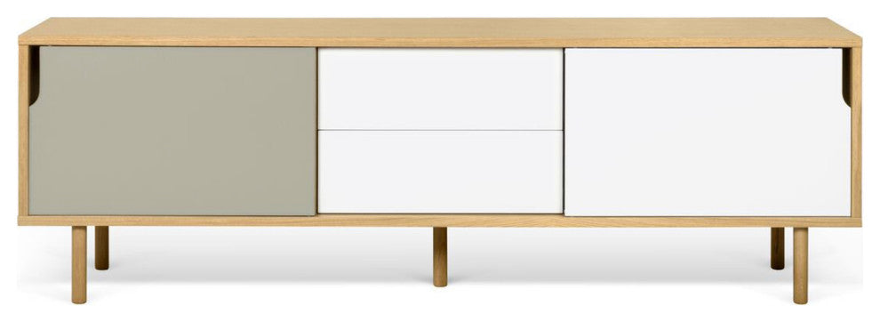 Modern Long Wood 2 Tone Sideboard , White/Grey Door, Oak Leg