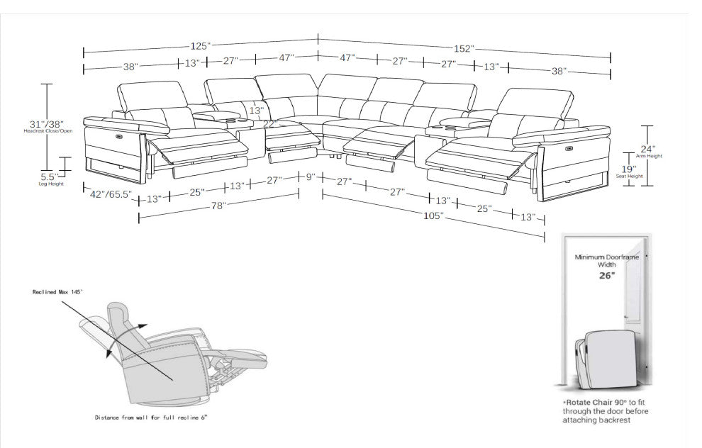 Antonio Italian Leather 8-Piece L-Shaped Power Reclining Sectional, Camel