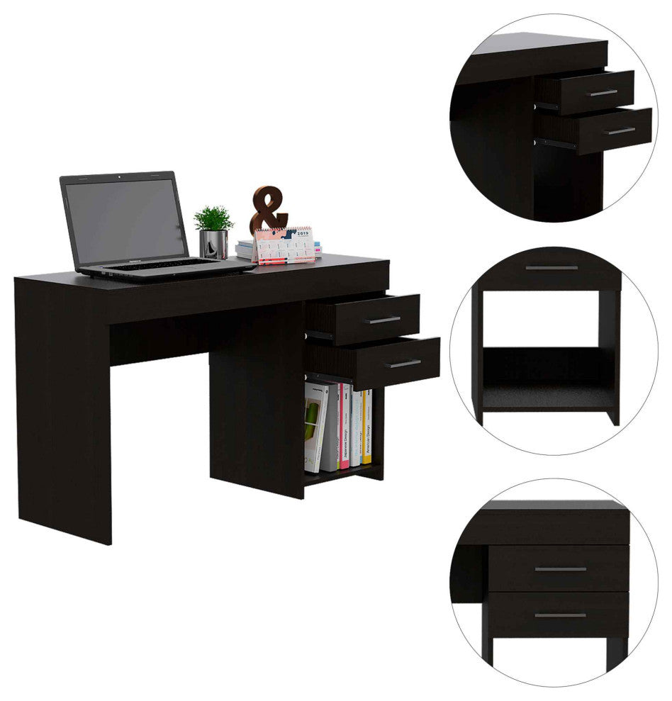 Austin Computer Desk with 2 Drawers, 1 Open Shelf, and Metal Handles, Black