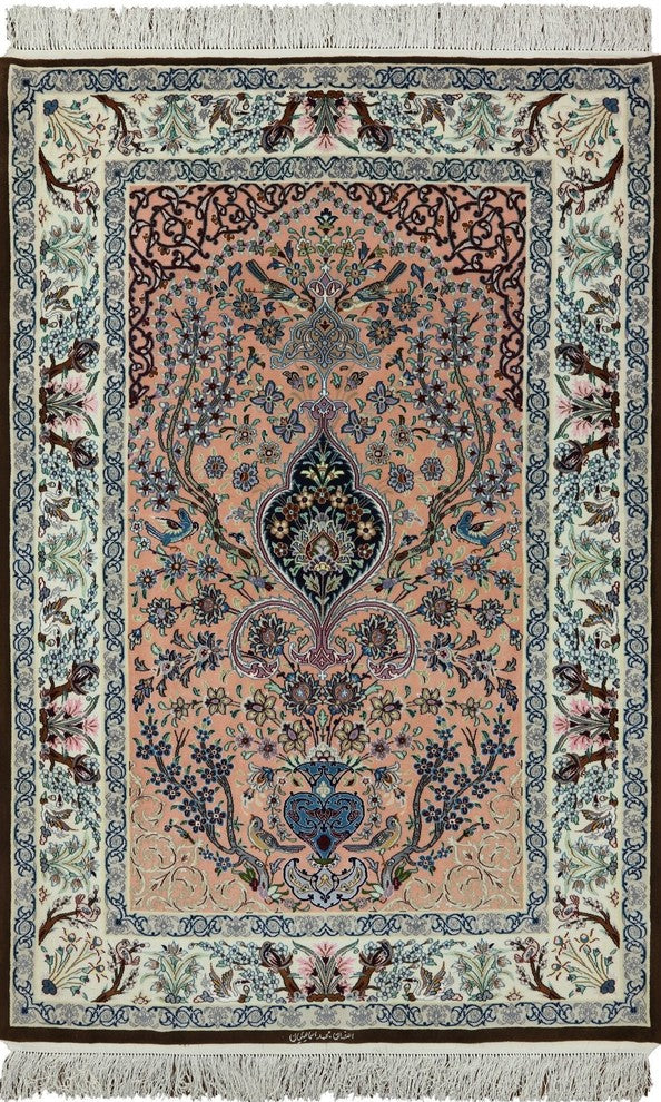 Signed Authentic Persian Isfahan Handmade Wool and Silk Area Rug, 4'x6'