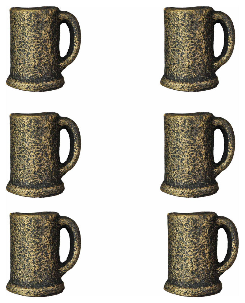 Antique Gold Finish Cast Iron Beer Mug Cabinet Knob Drawer Pulls Set of 6
