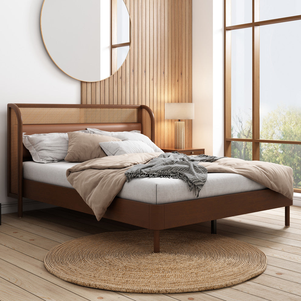 Black/Walnut Queen Wood Frame Platform Bed, Wingback Headboard, Walnut
