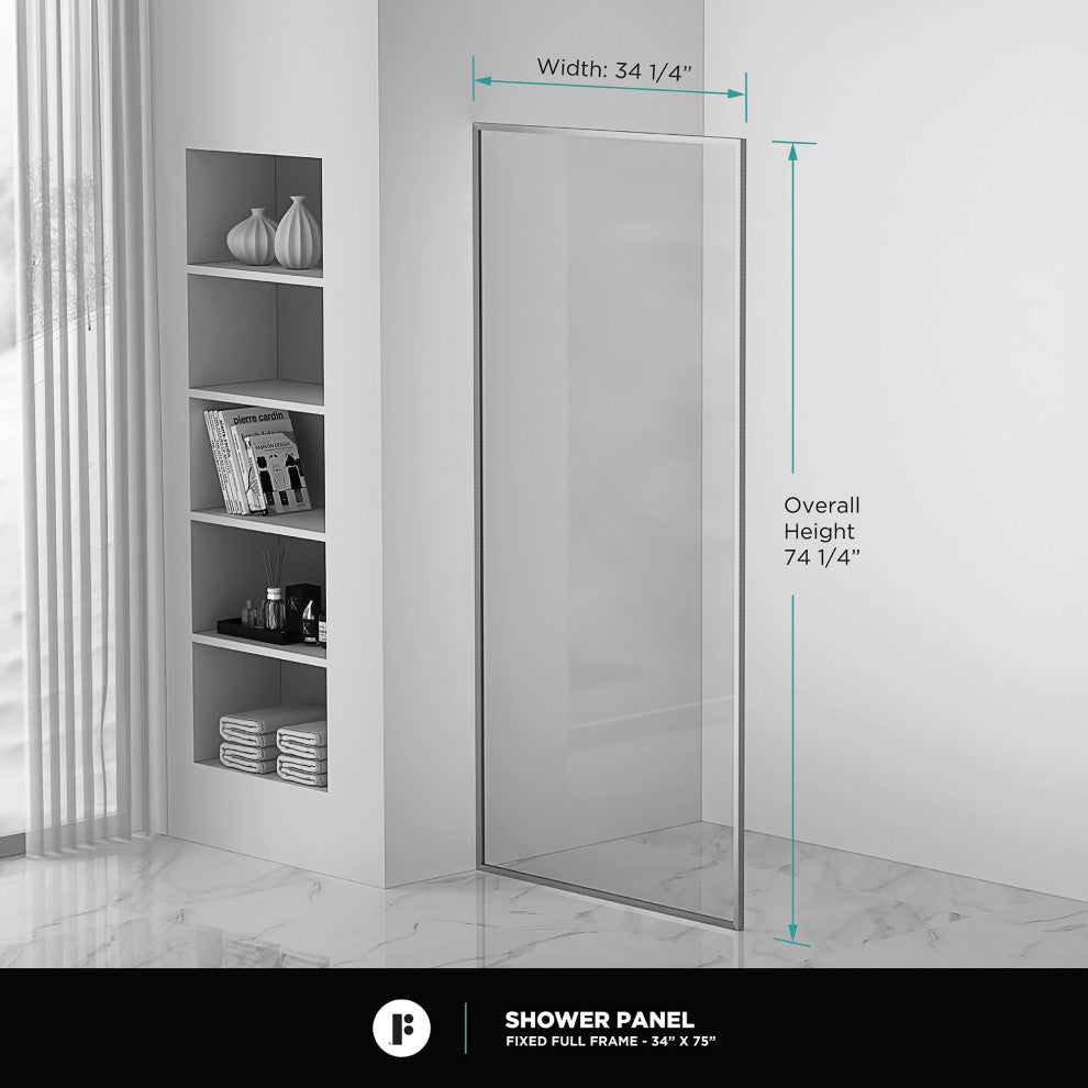 Single Fixed Glass Shower Panel - Clear Tempered Full Frame Shower Glass Door, Polished Chrome, 34"