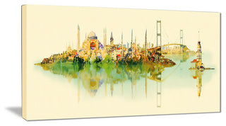 "Istanbul Panoramic View" Cityscape Watercolor Canvas Print, 40"x20"