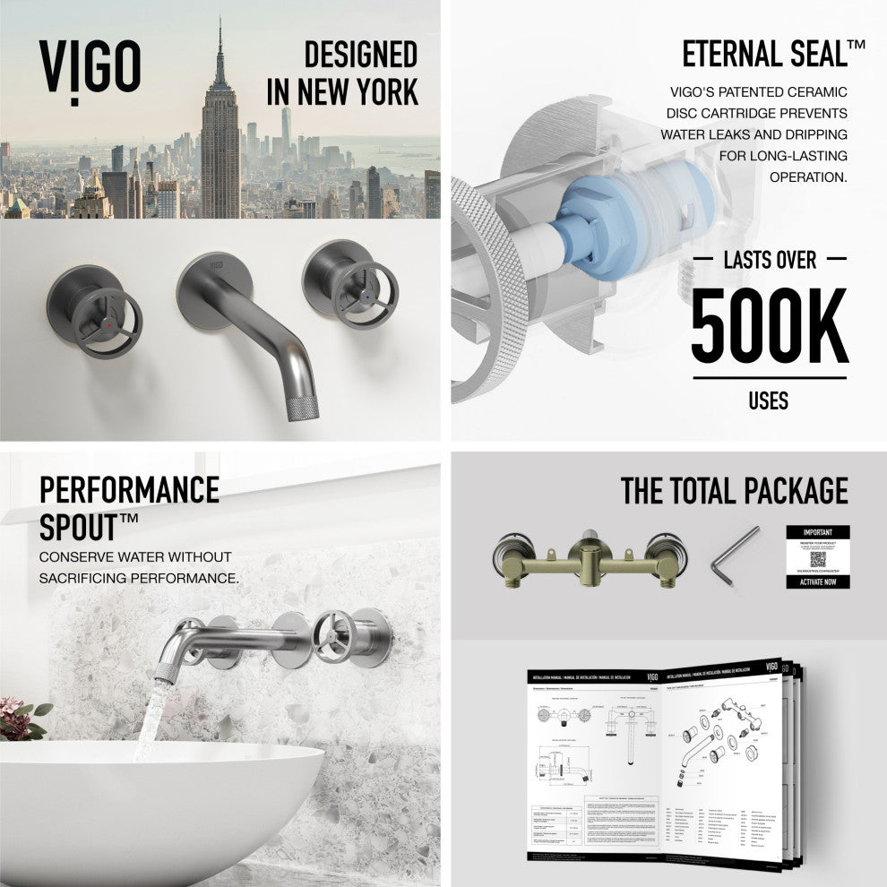 VIGO Cass 3" H 2-Handle Wall Mount Bathroom Faucet, Brushed Nickel