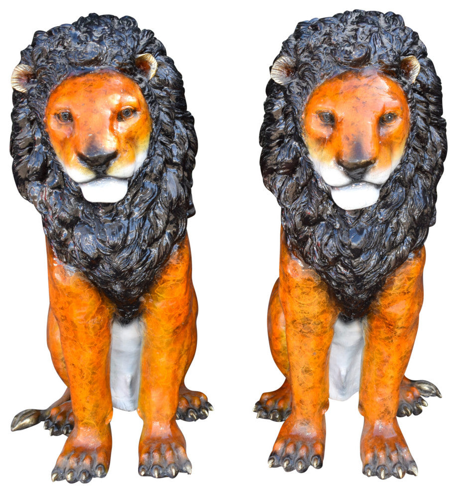Pair Of Colored Standing Lions Made of Bronze Statue Size: 29" x 44" x 41"H