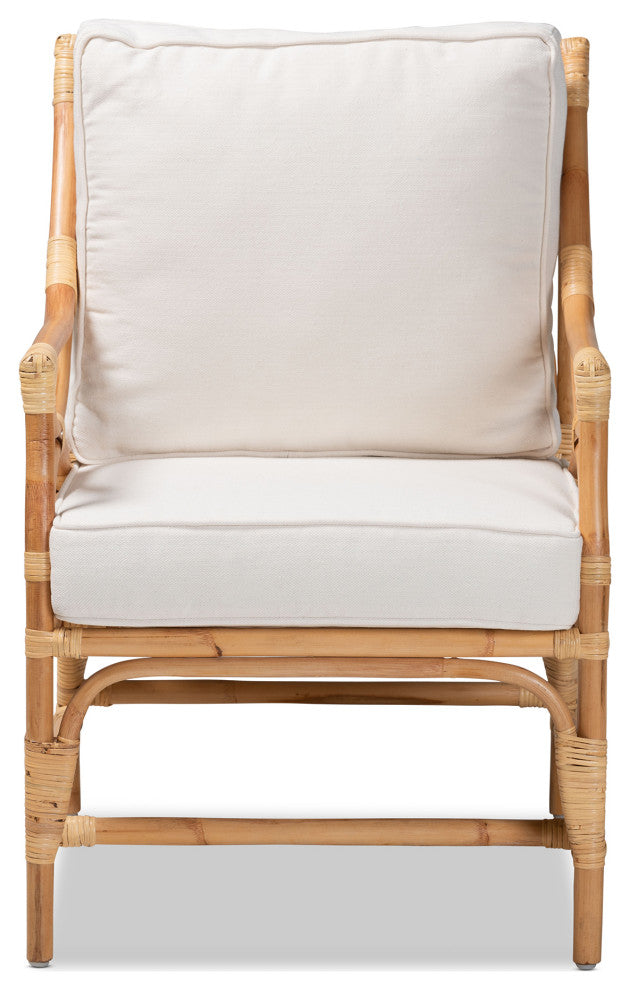 Layla Modern Bohemian White Upholstered and Natural Brown Rattan Armchair