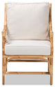 Layla Modern Bohemian White Upholstered and Natural Brown Rattan Armchair
