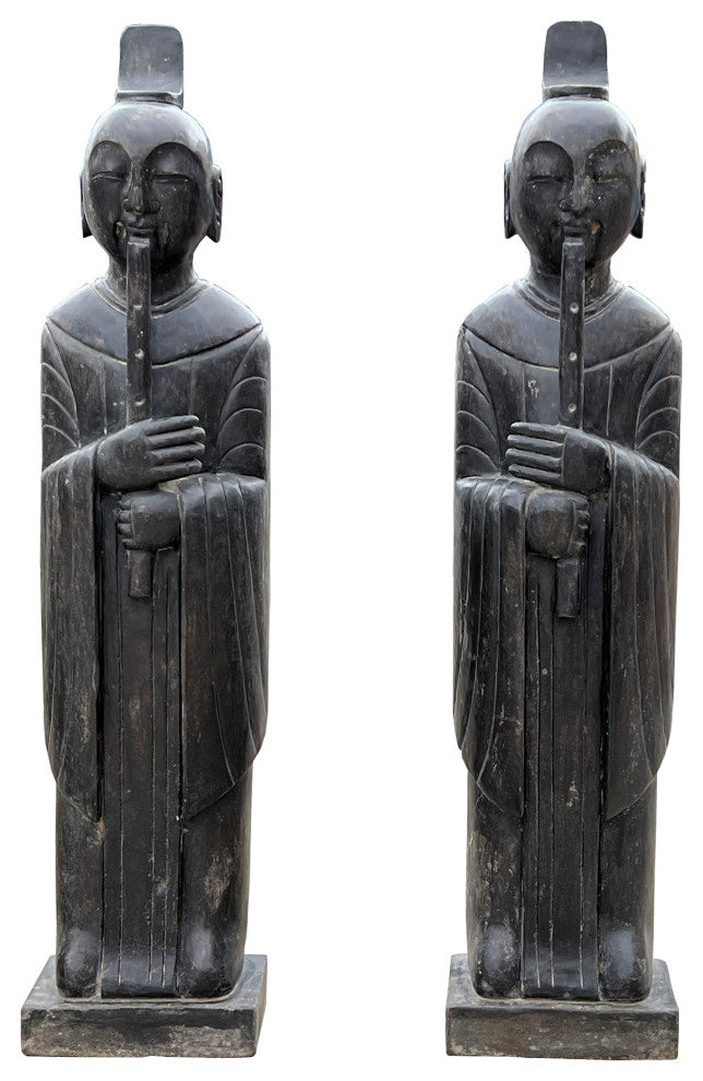 Pair Chinese Black Gray Stone Standing Zen Harmony Decor Statues Hcs7647
