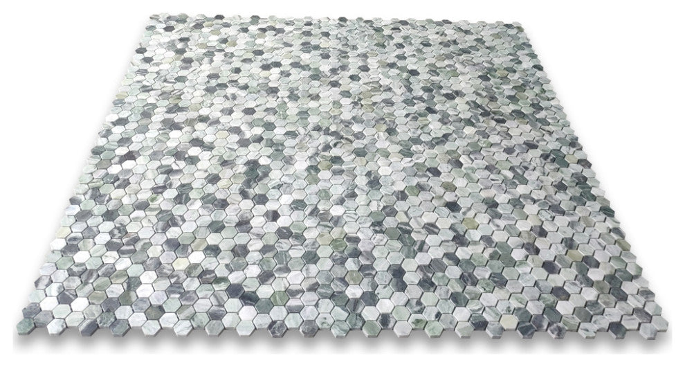 Sagano Vibrant Green Marble 1 inch Hexagon Mosaic Tile Honed, 1 sheet