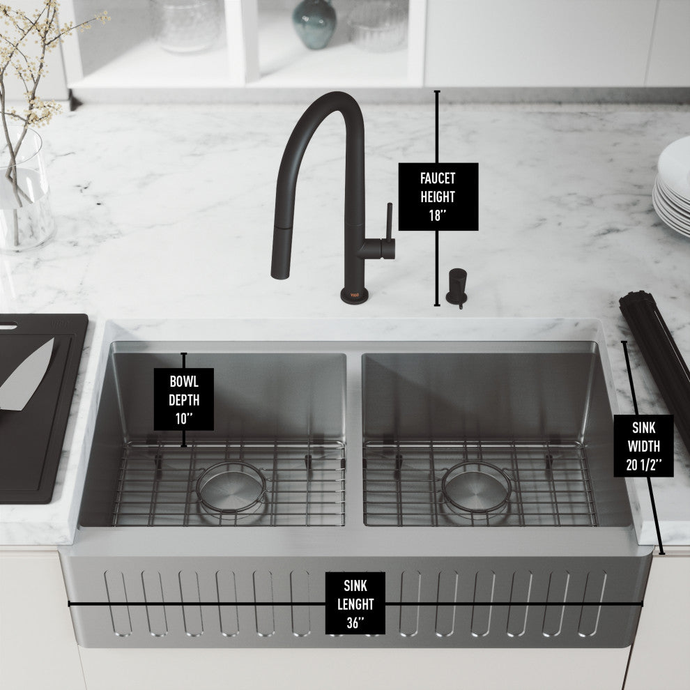 Oxford 36"L x 21"W Farmhouse Kitchen Sink and Greenwich 18"H in Black Faucet Set