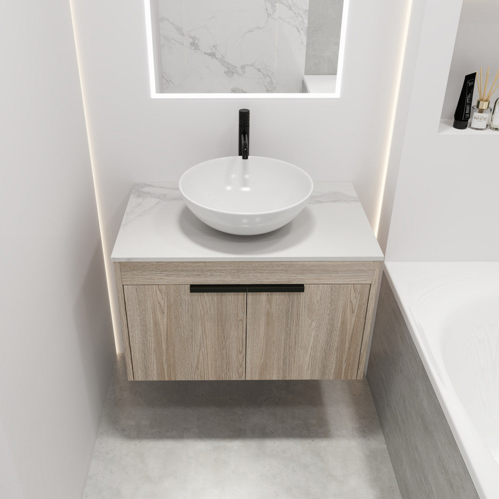 Wall-Mounted Bath Vanity, White Oak, White Ceramic Vessel Sink