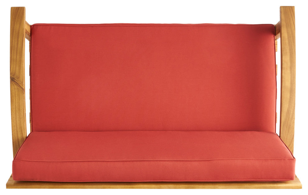 GDF Studio Keanu Outdoor Acacia Wood Loveseat and Coffee Table Set With Cushions, Red