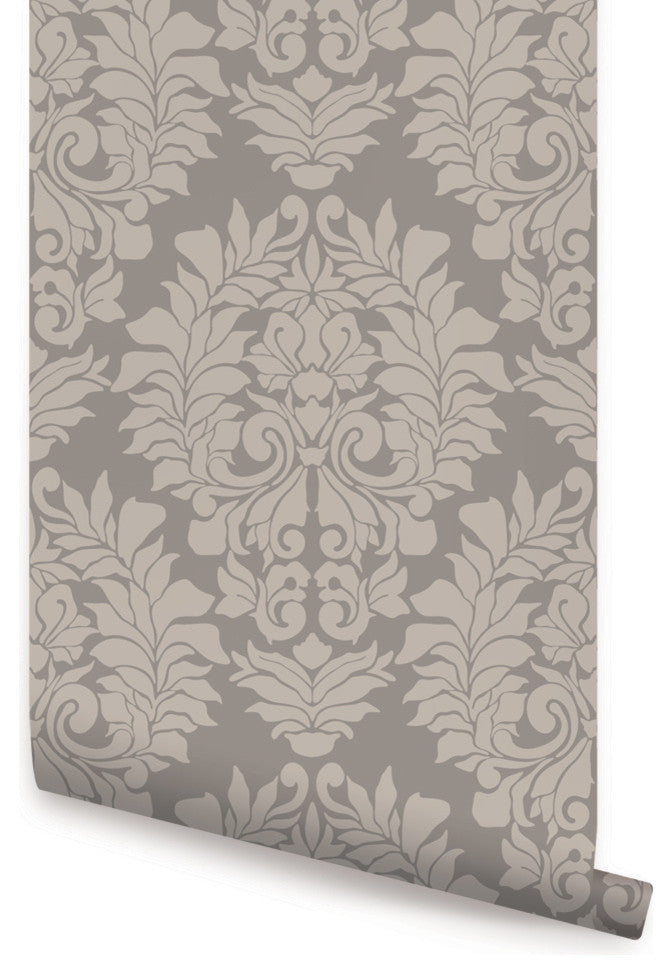 Classic Damask Peel and Stick Vinyl Wallpaper, Dark Gray, 24"w X 60"h
