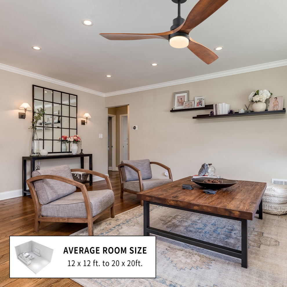 52" Solid Wood Ceiling Fan andRemote Control Reversible Blades, Matte Blck