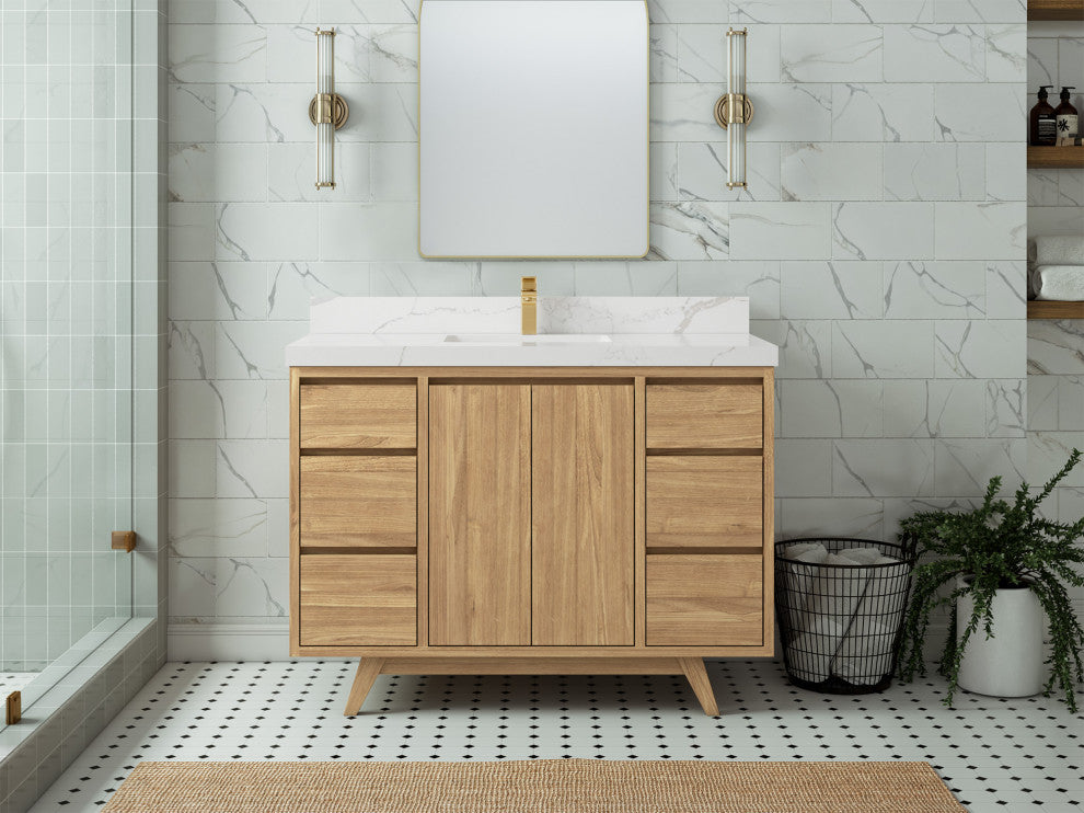 Madison Teak 48 Single Sink Bath Vanity in Light Natural 2" Calacatta Laza