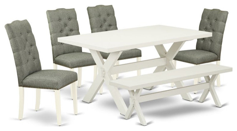 6-Piece Set, Smoke, Seat Chairs, Bench and Table, Linen White