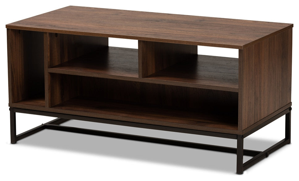 Modern and Temporary Walnut Finished Wood and Metal Coffee Table