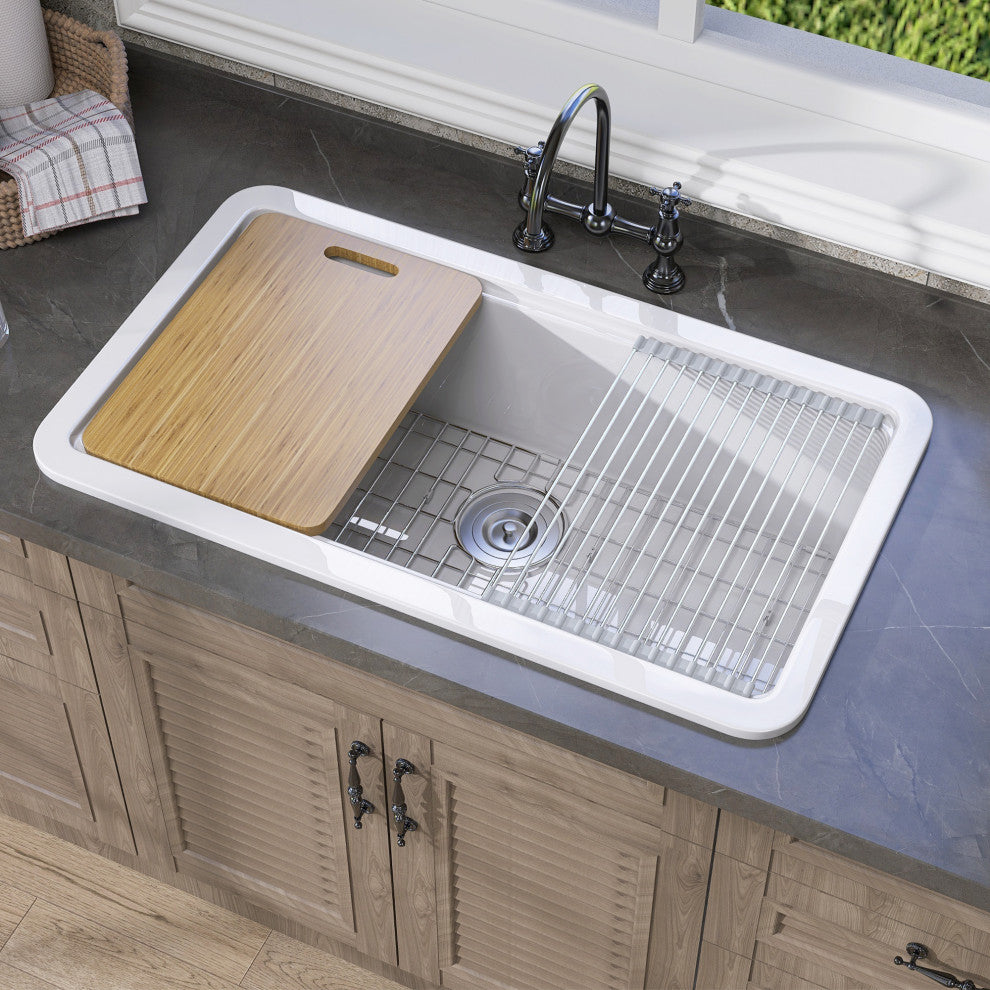 33"Lx18"W Drop-In/Undermount Single Bowl Farmhouse Kitchen Sink With Accessories