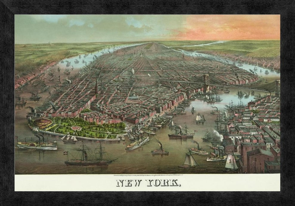 "Birds-eye view of Manhattan, New York" Framed Canvas Giclee, 24"x17"