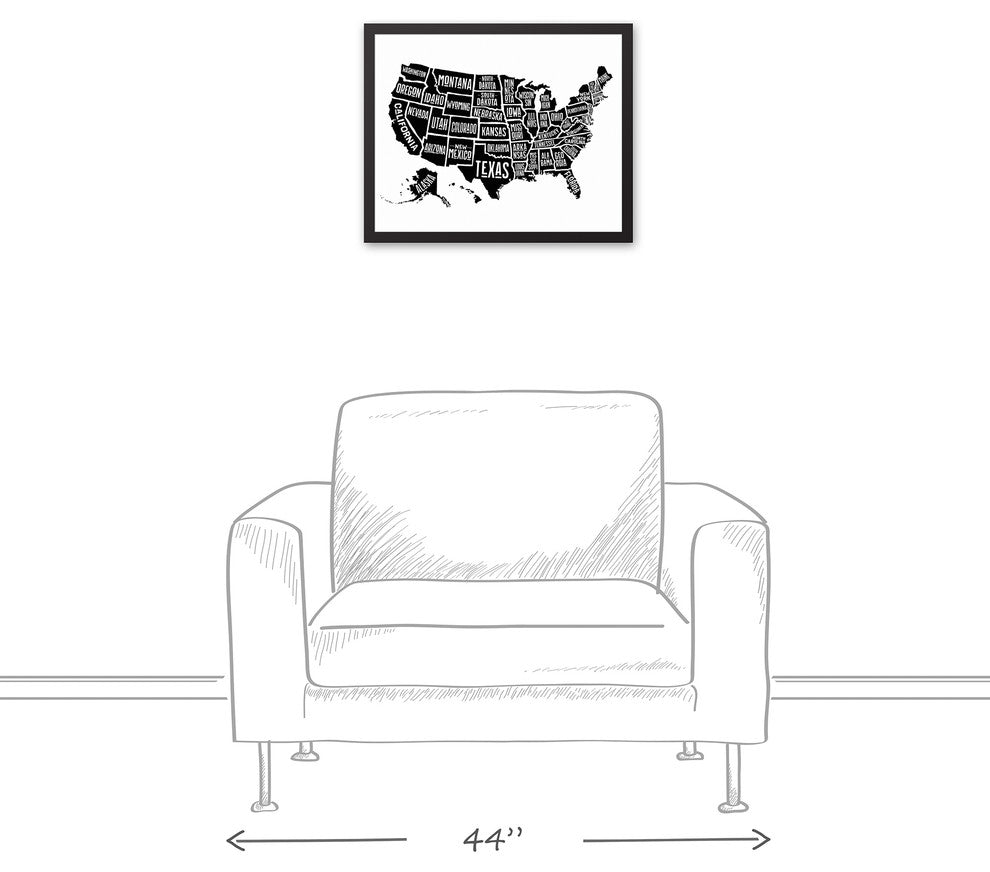 Simple US Map 16x20 Black Framed Canvas