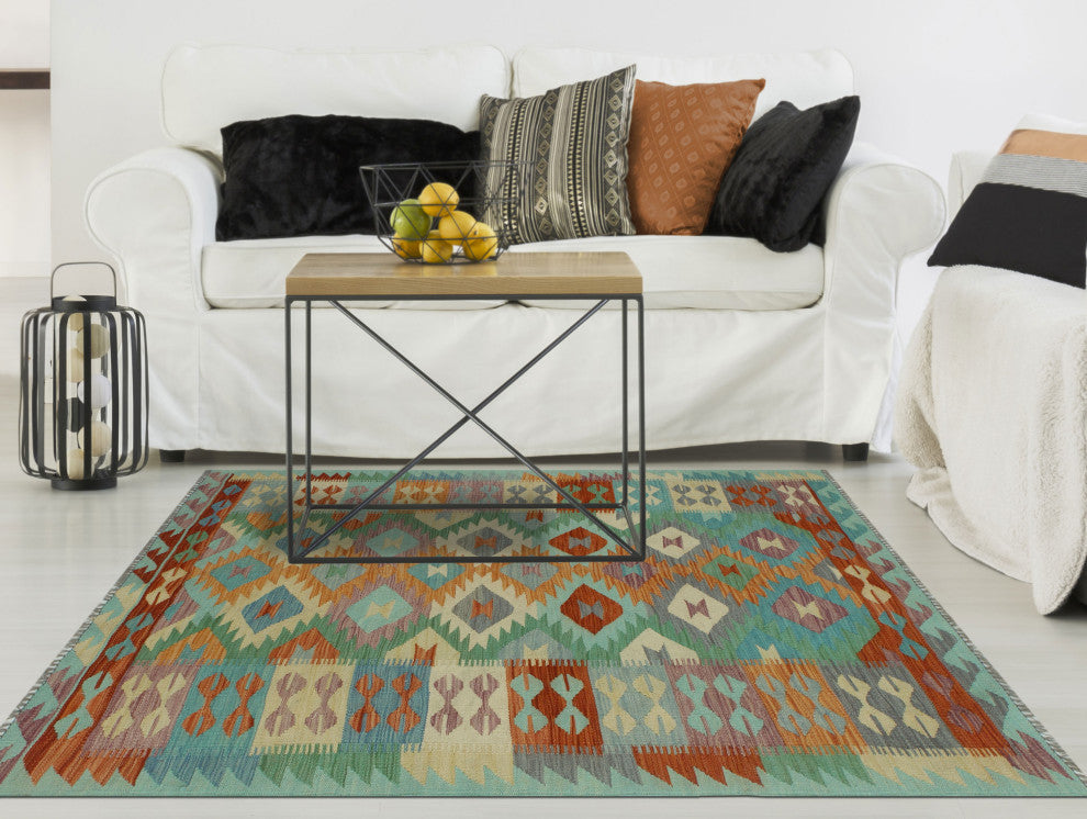 Sangat Kilim Afham Light Green/Orange Rug, 4'0x5'9