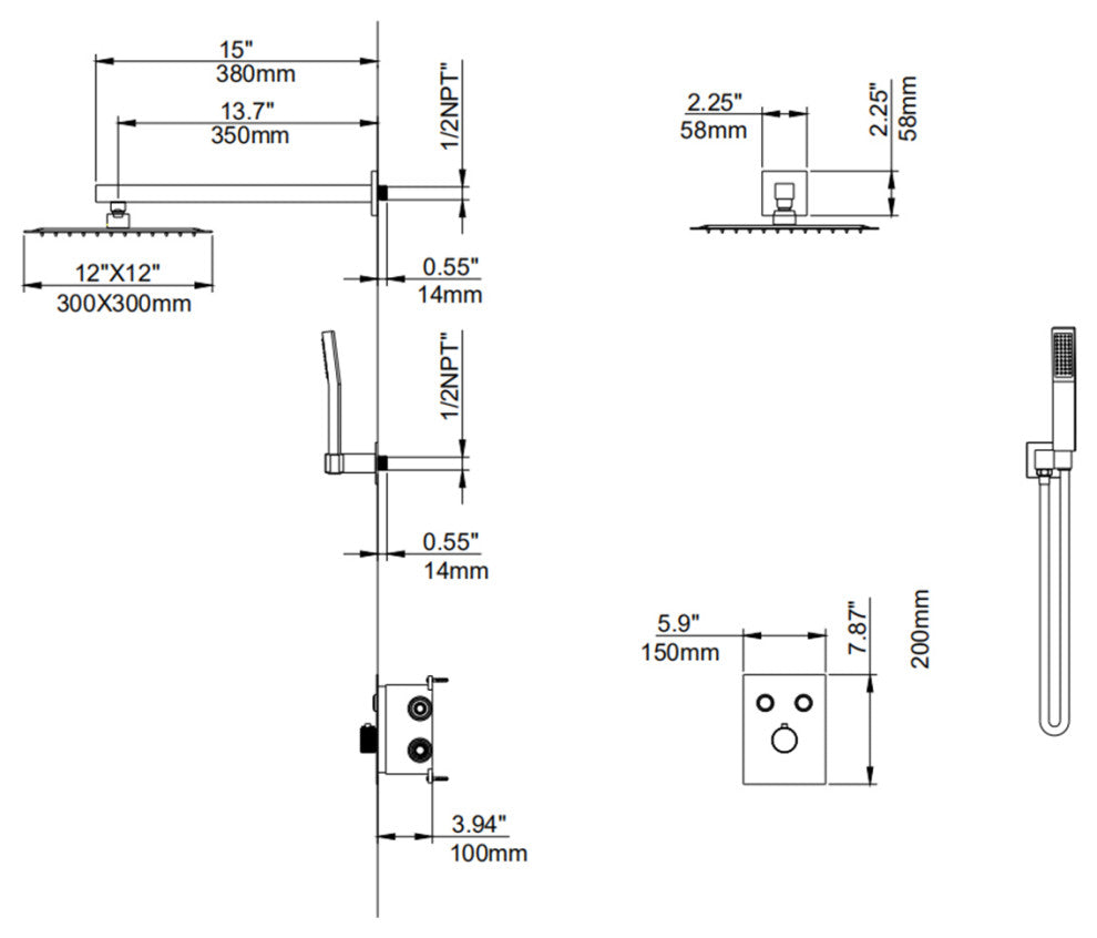 Luxury Wall Mounted Thermostatic Shower System With Rough-In Valve, Matte Black