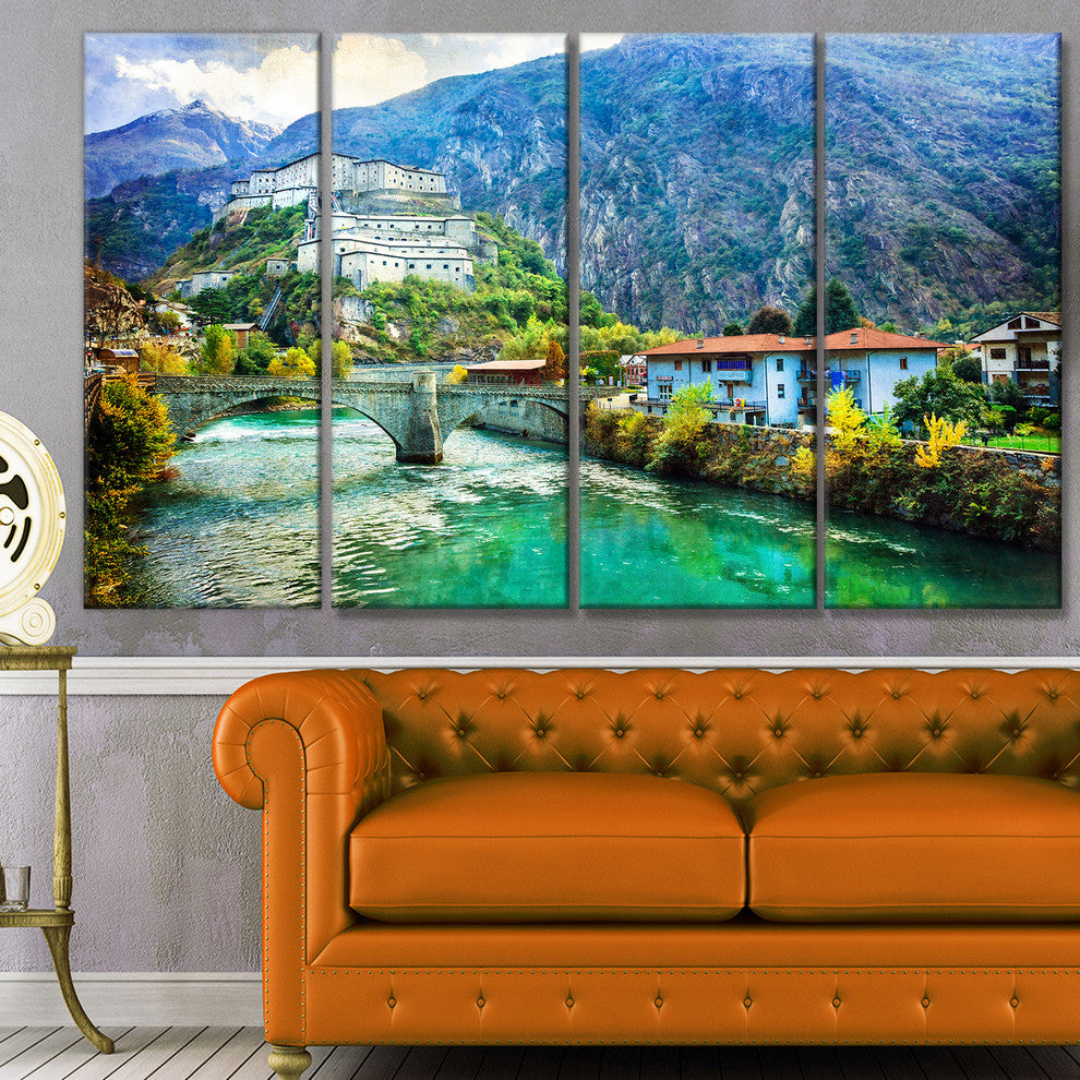 Valle d Aosta Castles Italy, Landscape Canvas Art Print, 48"x28", 4 Panels