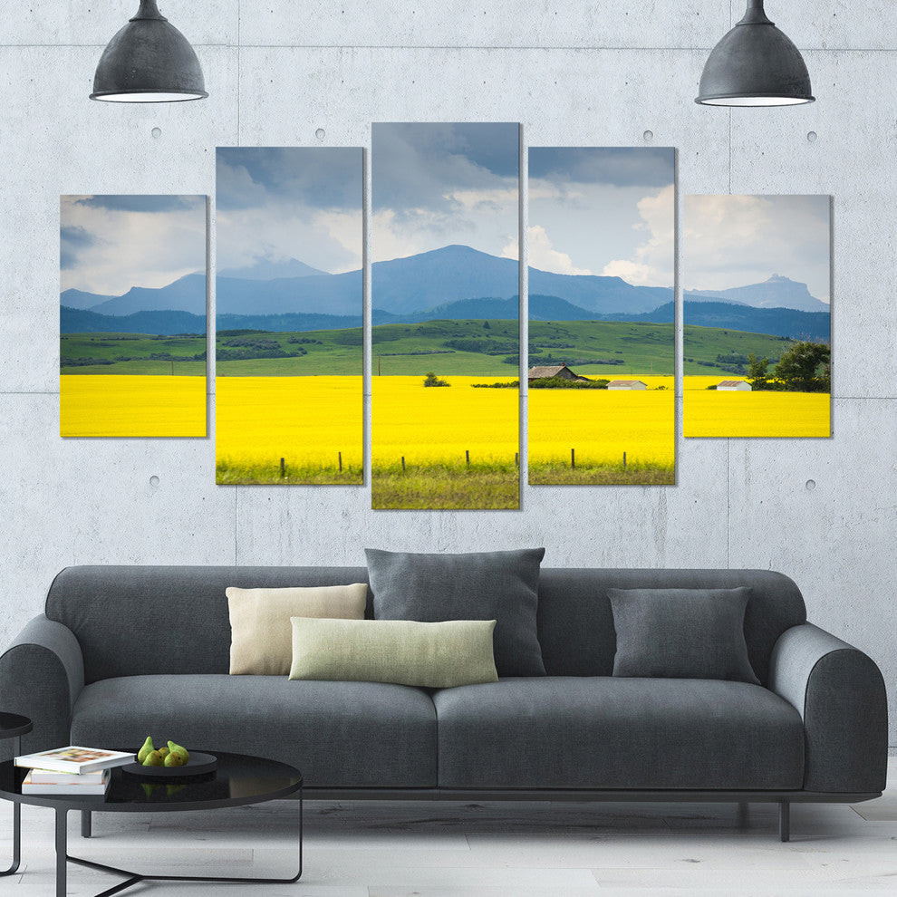 Farm House in Field Of Canola, Landscape Canvas Art Print, 60"x32", 5 Panels