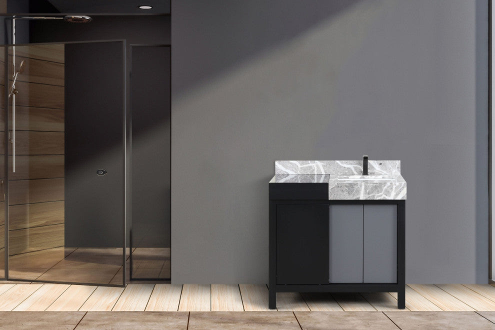 Zilara 36" Black and Grey Vanity, Castle Grey Marble Top, and Faucet Set
