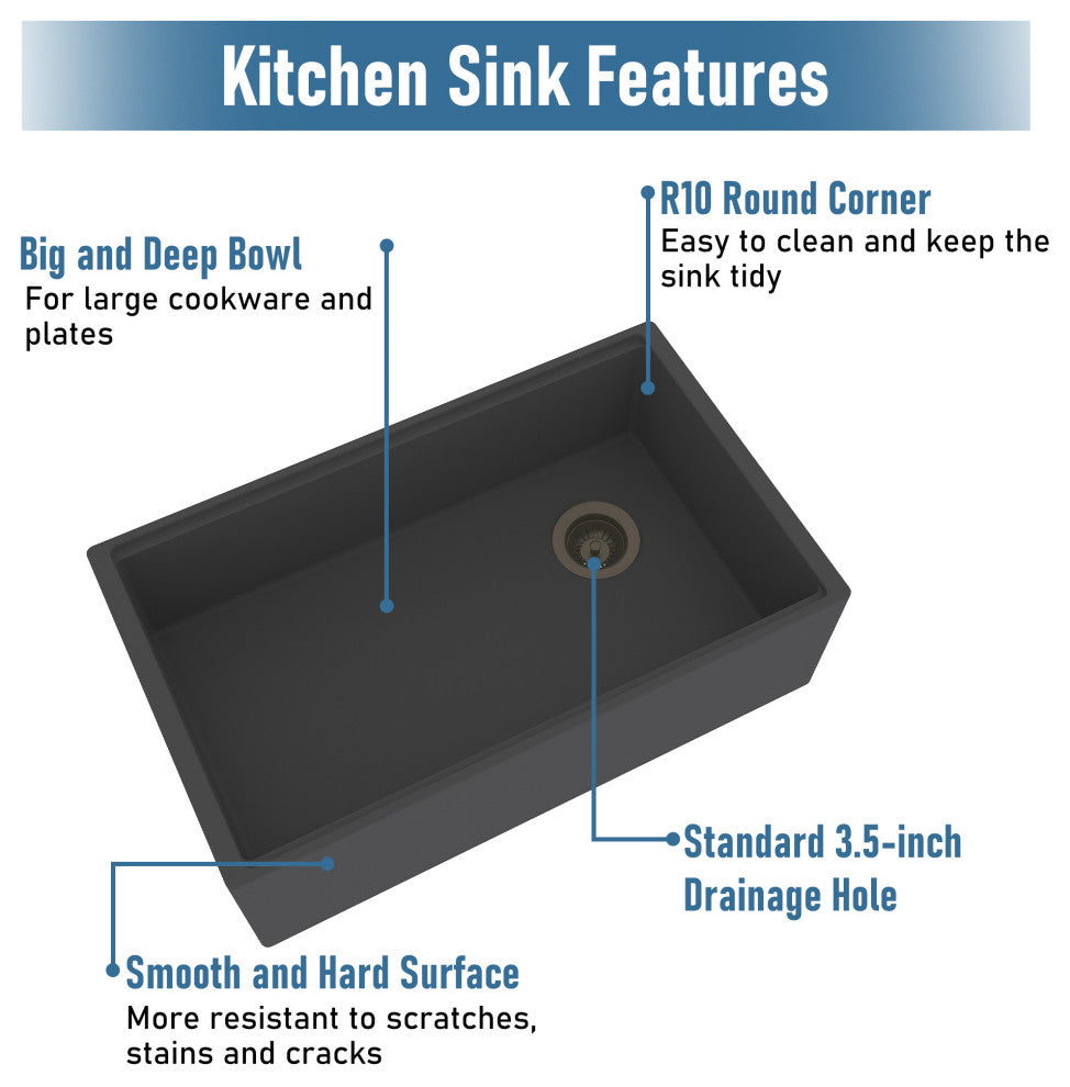 30in Single Bowl Farmhouse Apron Kitchen Sink, Black Earth