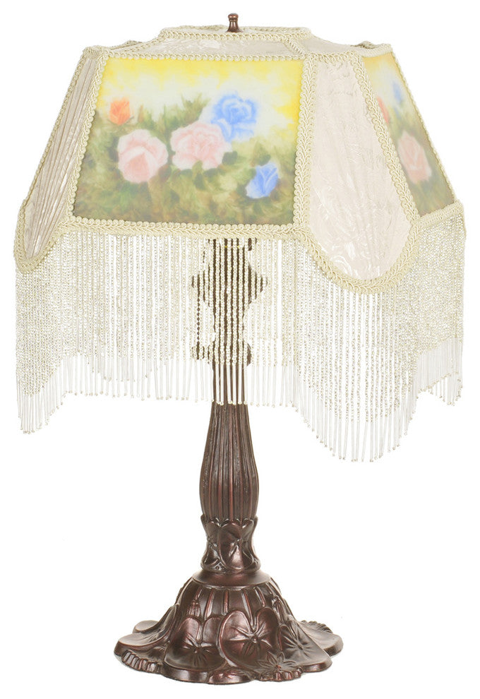 Meyda Lighting 20286 24" High Reverse Painted Roses Fabric & Fringe Accent Lamp