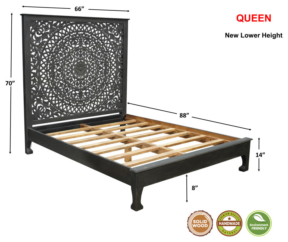 Milano Floral Carved Solid Wood Queen Panel Bed, Black, Queen