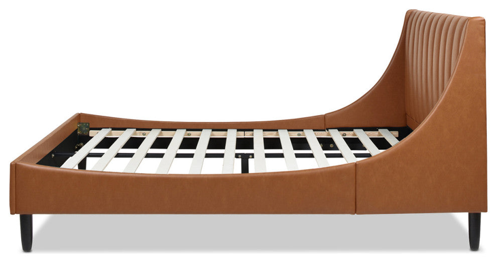 Aspen Modern Vertical Tufted Upholstered Platform Bed, Caramel Tan Brown Faux Leather, Queen