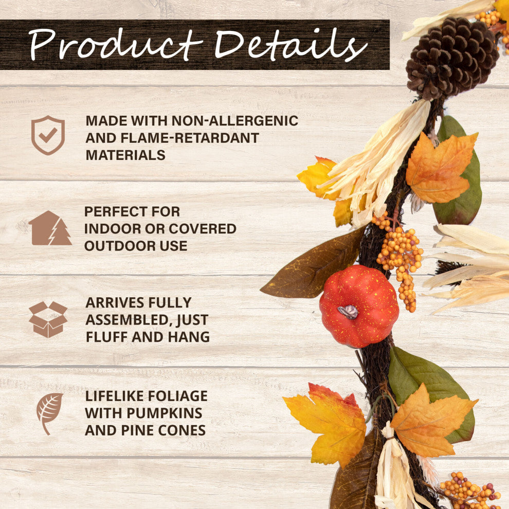 9' Fall Harvest Garland Decor With Corn Husks, Pumpkins and Pine Cones