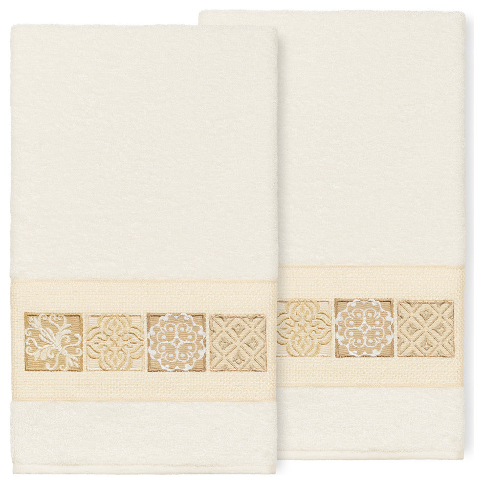 100% Turkish Cotton Vivian 2-Piece Embellished Bath Towel Set, Cream