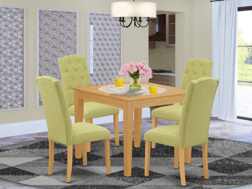 5Pc Dining Set, Square Table, Four Parson Chairs, Lime Green Fabric, Oak Finish
