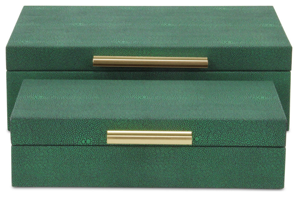 Lusan Rectangular Decorative Box Set, Green Faux Shagreen