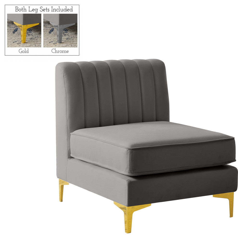 Alina Velvet Upholstered Modular Armless Chair, Grey