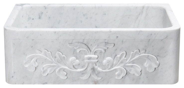 30" Farmhouse Kitchen Sink, Floral Carving Front, Single Bowl, Carrara White Marble, White