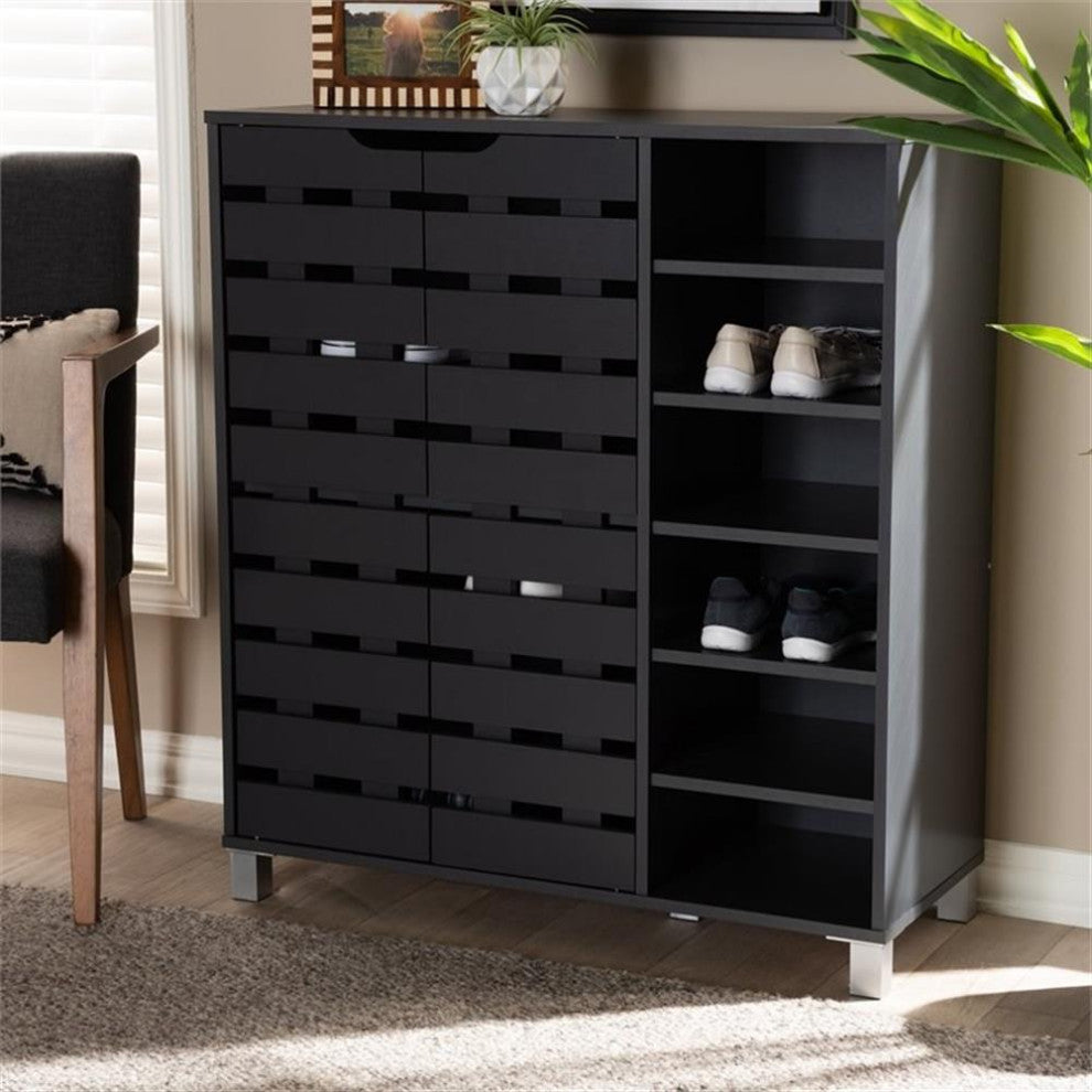 Shirley Dark Grayed 2-Door Wood Shoe Storage Cabinet With Open Shelves