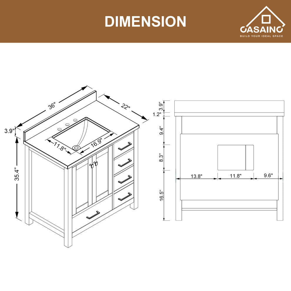 CASAINC 36" Single Sink Freestanding Marble Top Bathroom Vanity, White