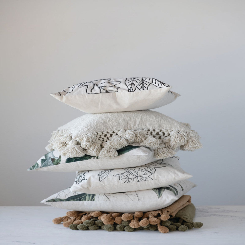 Square Crochet and Tassels Cream Cotton Slub Pillow