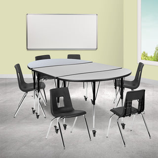 76" Oval Wave Flexible Laminate Activity Table Set 18" Student Stack Chairs Gray