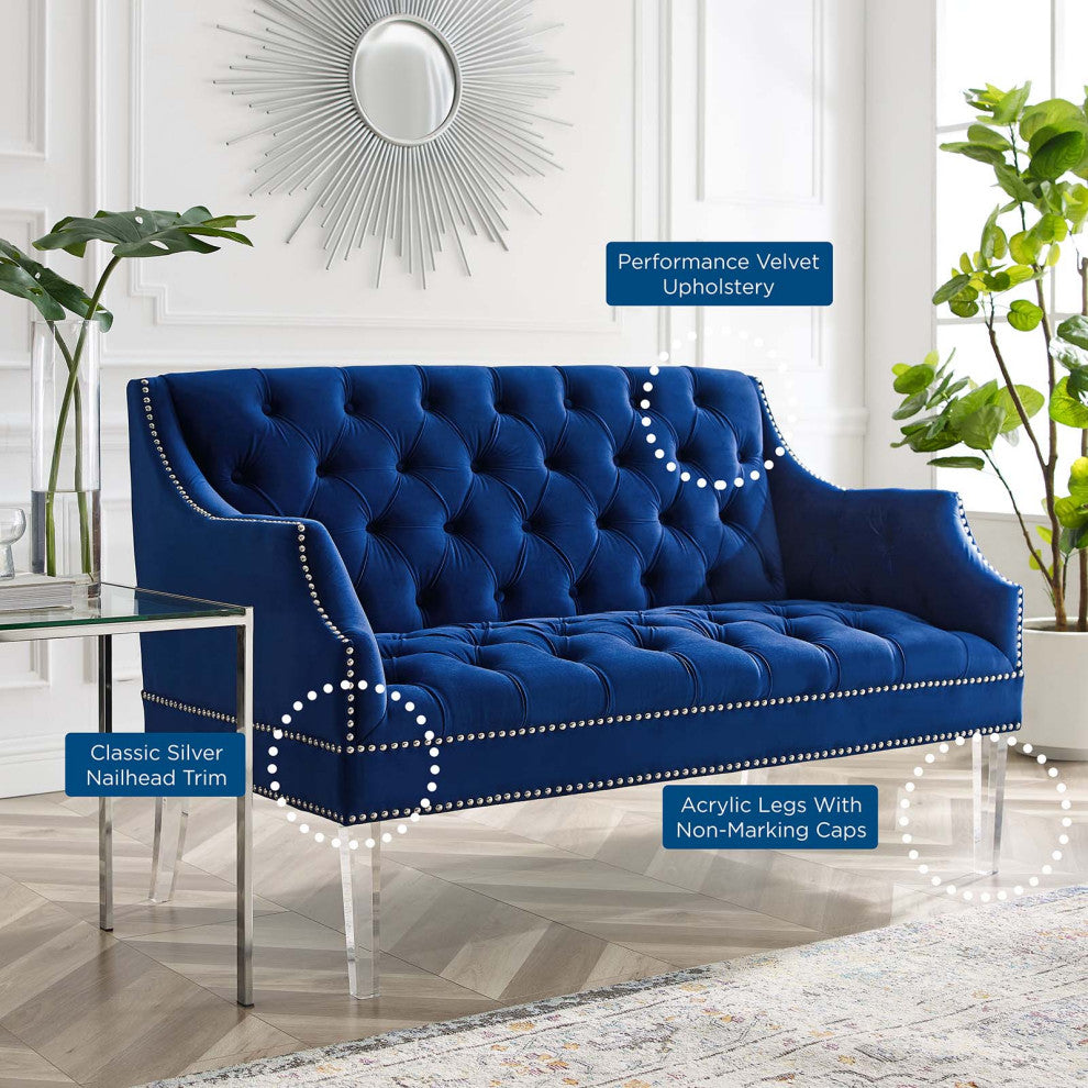 Tufted Loveseat Sofa, Velvet, Blue Navy, Modern, Living Lounge Hotel Hospitality
